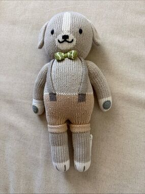 Cuddle + Kind Handmade Beige Knit Dog Plush with Green Bow